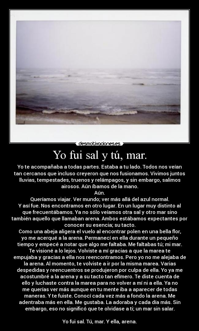 Yo fui sal y tú, mar. - Yo te acompañaba a todas partes. Estaba a tu lado. Todos nos veían
tan cercanos que incluso creyeron que nos fusionamos. Vivimos juntos
lluvias, tempestades, truenos y relámpagos, y sin embargo, salimos
airosos. Aún íbamos de la mano.
Aún.
Queríamos viajar. Ver mundo; ver más allá del azul normal.
Y así fue. Nos encontramos en otro lugar. En un lugar muy distinto al
que frecuentábamos. Ya no sólo veíamos otra sal y otro mar sino
también aquello que llamaban arena. Ambos estábamos expectantes por
conocer su esencia; su tacto.
Como una abeja aligera el vuelo al encontrar polen en una bella flor,
yo me acerqué a la arena. Permanecí en ella durante un pequeño
tiempo y empecé a notar que algo me faltaba. Me faltabas tú; mi mar.
Te visioné a lo lejos. Volviste a mí gracias a que la marea te
empujaba y gracias a ella nos reencontramos. Pero yo no me alejaba de
la arena. Al momento, te volviste a ir por la misma marea. Varias
despedidas y reencuentros se produjeron por culpa de ella. Yo ya me
acostumbré a la arena y a su tacto tan efímero. Te diste cuenta de
ello y luchaste contra la marea para no volver a mí ni a ella. Ya no
me querías ver más aunque en tu mente iba a aparecer de todas
maneras. Y te fuiste. Conocí cada vez más a fondo la arena. Me
adentraba más en ella. Me gustaba. La adoraba y cada día más. Sin
embargo, eso no significó que te olvidase a ti; un mar sin salar.

Yo fui sal. Tú, mar. Y ella, arena.