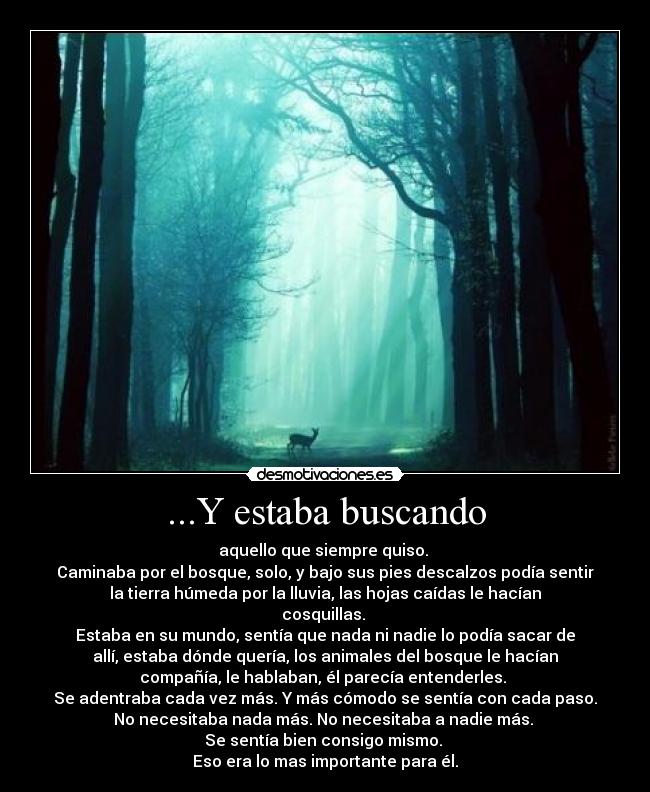 ...Y estaba buscando - aquello que siempre quiso. 
Caminaba por el bosque, solo, y bajo sus pies descalzos podía sentir
la tierra húmeda por la lluvia, las hojas caídas le hacían
cosquillas. 
Estaba en su mundo, sentía que nada ni nadie lo podía sacar de
allí, estaba dónde quería, los animales del bosque le hacían
compañía, le hablaban, él parecía entenderles. 
Se adentraba cada vez más. Y más cómodo se sentía con cada paso.
No necesitaba nada más. No necesitaba a nadie más. 
Se sentía bien consigo mismo. 
Eso era lo mas importante para él.