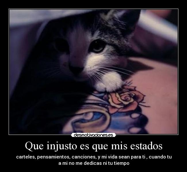 Que injusto es que mis estados - carteles, pensamientos, canciones, y mi vida sean para ti , cuando tu
a mi no me dedicas ni tu tiempo