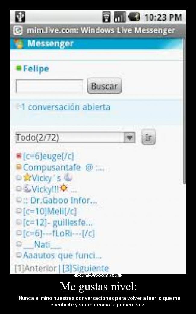 Me gustas nivel: - Nunca elimino nuestras conversaciones para volver a leer lo que me
escribiste y sonreir como la primera vez