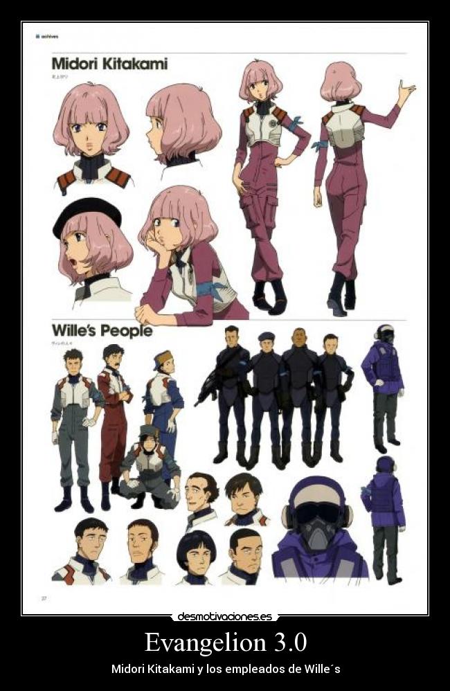 Evangelion 3.0 - Midori Kitakami y los empleados de Wille´s