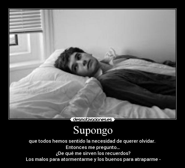 Supongo - que todos hemos sentido la necesidad de querer olvidar.
Entonces me pregunto…
¿De qué me sirven los recuerdos?
Los malos para atormentarme y los buenos para atraparme -