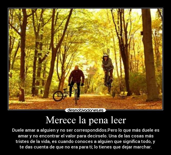 Merece la pena leer - Duele amar a alguien y no ser correspondidos.Pero lo que más duele es
amar y no encontrar el valor para decirselo. Una de las cosas más
tristes de la vida, es cuando conoces a alguien que significa todo, y
te das cuenta de que no era para ti; lo tienes que dejar marchar.