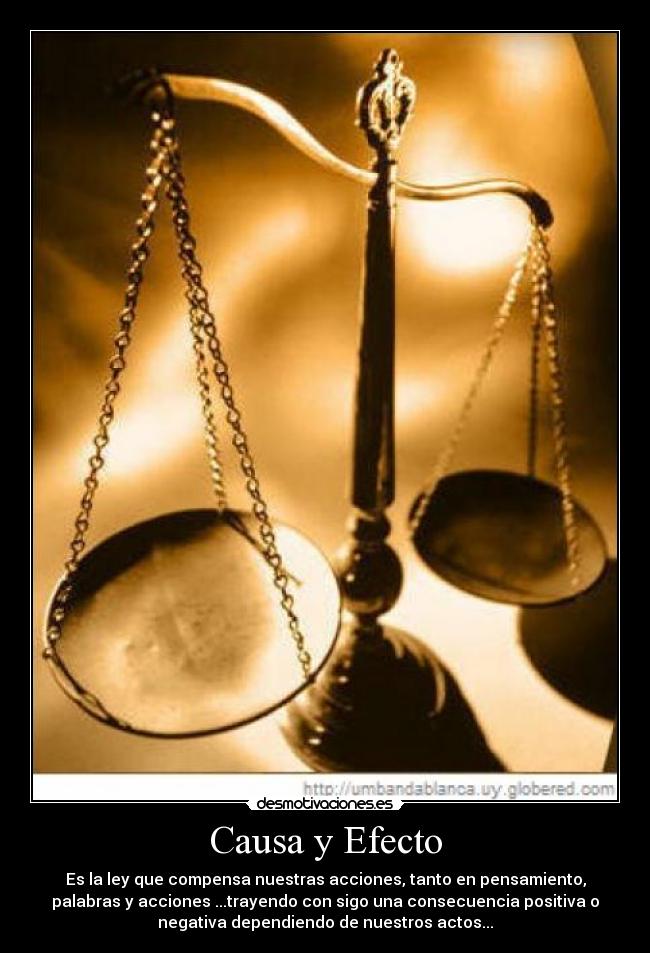 Causa y Efecto - Es la ley que compensa nuestras acciones, tanto en pensamiento,
palabras y acciones ...trayendo con sigo una consecuencia positiva o
negativa dependiendo de nuestros actos...