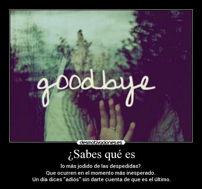 ¿Sabes qué es - lo más jodido de las despedidas? 
Que ocurren en el momento más inesperado. 
Un día dices adiós sin darte cuenta de que es el último.