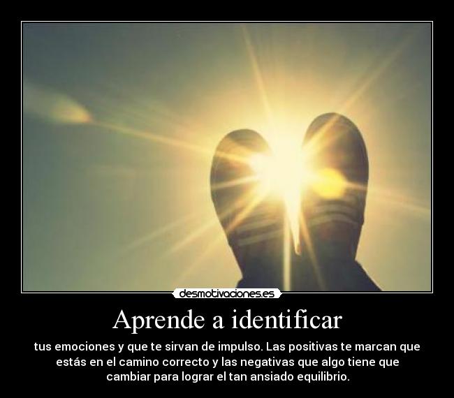 Aprende a identificar - tus emociones y que te sirvan de impulso. Las positivas te marcan que
estás en el camino correcto y las negativas que algo tiene que
cambiar para lograr el tan ansiado equilibrio.