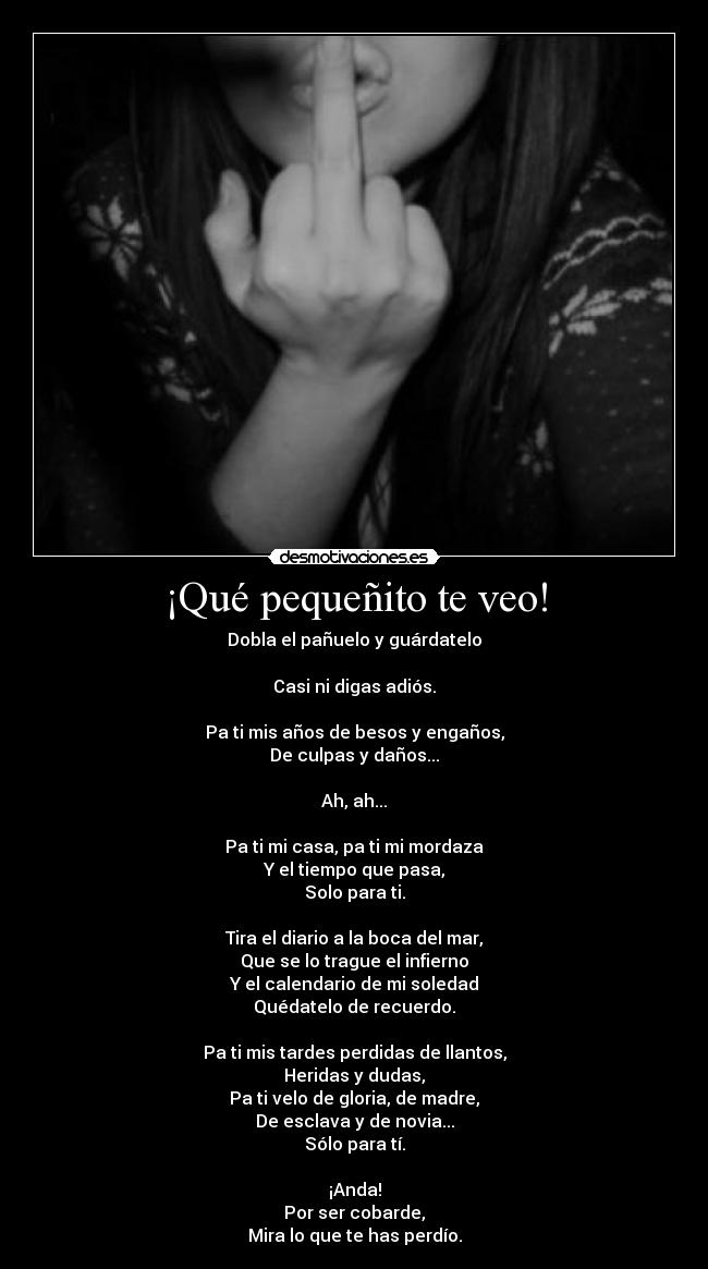 ¡Qué pequeñito te veo! - Dobla el pañuelo y guárdatelo
Casi ni digas adiós.
Pa ti mis años de besos y engaños,
De culpas y daños...
Ah, ah...
Pa ti mi casa, pa ti mi mordaza
Y el tiempo que pasa,
Solo para ti.
Tira el diario a la boca del mar,
Que se lo trague el infierno
Y el calendario de mi soledad
Quédatelo de recuerdo.
Pa ti mis tardes perdidas de llantos,
Heridas y dudas,
Pa ti velo de gloria, de madre,
De esclava y de novia...
Sólo para tí.
¡Anda!
Por ser cobarde,
Mira lo que te has perdío.