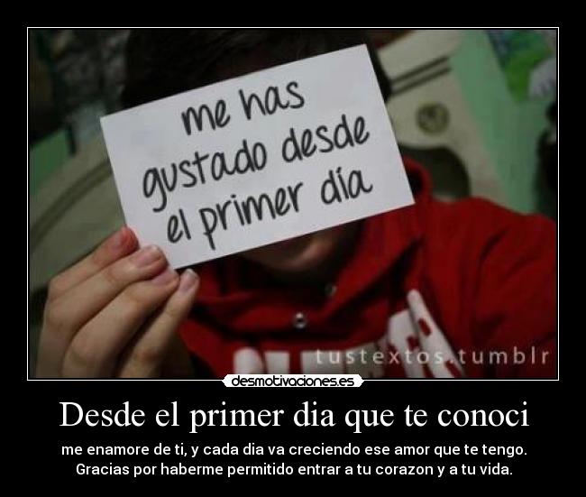 Desde el primer dia que te conoci - me enamore de ti, y cada dia va creciendo ese amor que te tengo.
Gracias por haberme permitido entrar a tu corazon y a tu vida.