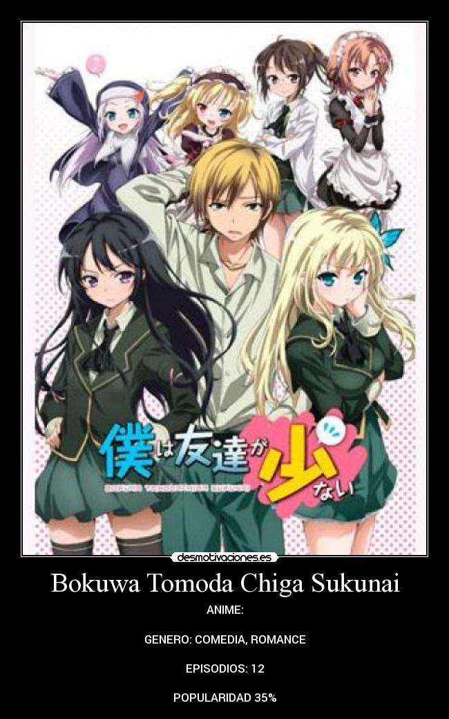 Bokuwa Tomoda Chiga Sukunai - ANIME:

GENERO: COMEDIA, ROMANCE

EPISODIOS: 12

POPULARIDAD 35%