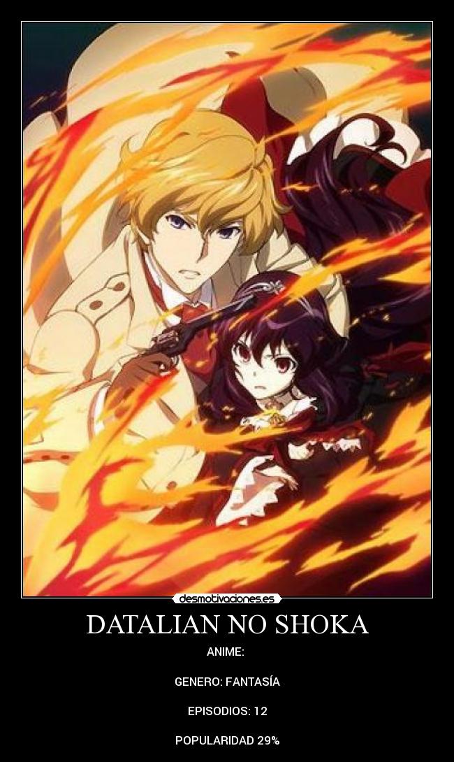DATALIAN NO SHOKA - ANIME: 

GENERO: FANTASÍA

EPISODIOS: 12

POPULARIDAD 29%