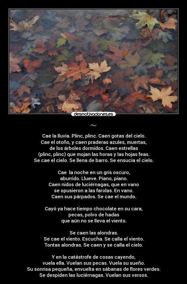 ~ - Cae la lluvia. Plinc, plinc. Caen gotas del cielo.
Cae el otoño, y caen praderas azules, muertas,
de los árboles dormidos. Caen estrellas
(plinc, plinc) que mojan las horas y las hojas feas.
Se cae el cielo. Se llena de barro. Se ensucia el cielo.
Cae la noche en un gris oscuro,
aburrido. Llueve. Piano, piano.
Caen nidos de luciérnagas, que en vano
se opusieron a las farolas. En vano.
Caen sus párpados. Se cae el mundo.
Cayó ya hace tiempo chocolate en su cara,
pecas, polvo de hadas
que aún no se lleva el viento.
Se caen las alondras.
Se cae el viento. Escucha. Se calla el viento.
Tontas alondras. Se caen y se calla el cielo.
Y en la catástrofe de cosas cayendo,
vuela ella. Vuelan sus pecas. Vuela su sueño.
Su sonrisa pequeña, envuelta en sábanas de flores verdes.
Se despiden las luciérnagas. Vuelan sus versos.