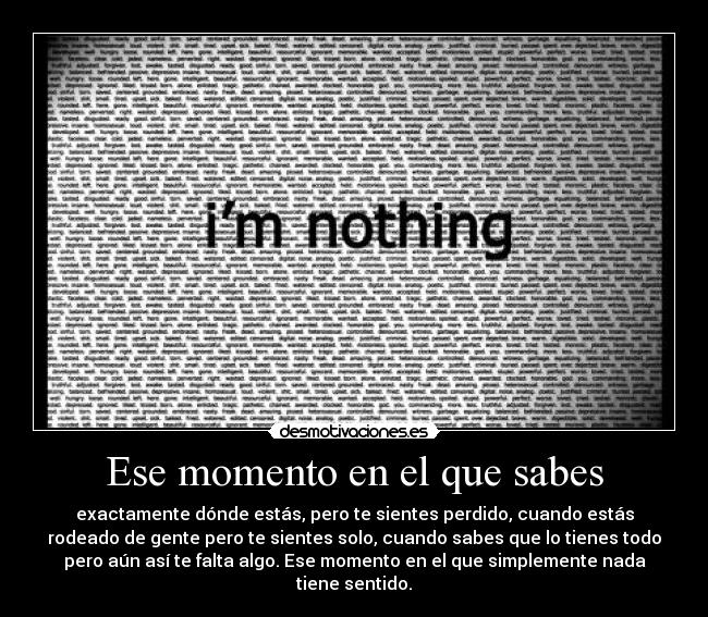 Ese momento en el que sabes - exactamente dónde estás, pero te sientes perdido, cuando estás
rodeado de gente pero te sientes solo, cuando sabes que lo tienes todo
pero aún así te falta algo. Ese momento en el que simplemente nada
tiene sentido.