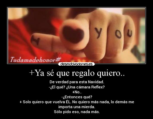 +Ya sé que regalo quiero.. - De verdad para esta Navidad.
-¿El qué? ¿Una cámara Reflex?
+No..
-¿Entonces qué?
+ Solo quiero que vuelva ÉL. No quiero más nada, lo demás me importa una mierda.
Sólo pido eso, nada más.