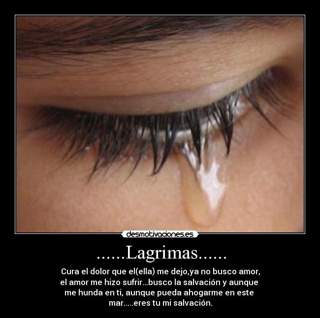 ......Lagrimas...... - Cura el dolor que el(ella) me dejo,ya no busco amor,
el amor me hizo sufrir...busco la salvación y aunque 
me hunda en ti, aunque pueda ahogarme en este 
mar.....eres tu mi salvación.