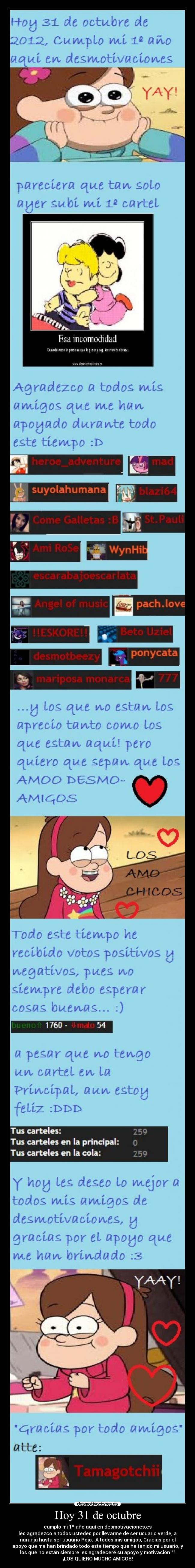 Hoy 31 de octubre - cumplo mi 1º año aquí en desmotivaciones.es
les agradezco a todos ustedes por llevarme de ser usuario verde, a
naranja hasta ser usuario Rojo. A todos mis amigos, Gracias por el
apoyo que me han brindado todo este tiempo que he tenido mi usuario, y
los que no están siempre les agradeceré su apoyo y motivación ^^
¡LOS QUIERO MUCHO AMIGOS!