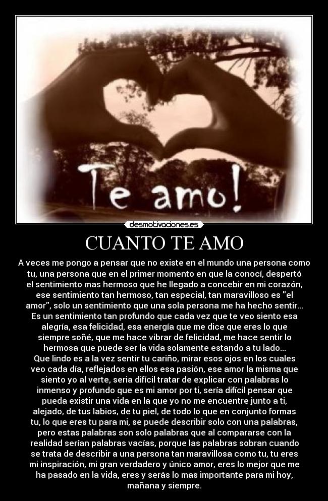 CUANTO TE AMO - A veces me pongo a pensar que no existe en el mundo una persona como
tu, una persona que en el primer momento en que la conocí, despertó
el sentimiento mas hermoso que he llegado a concebir en mi corazón,
ese sentimiento tan hermoso, tan especial, tan maravilloso es el
amor, solo un sentimiento que una sola persona me ha hecho sentir...
Es un sentimiento tan profundo que cada vez que te veo siento esa
alegría, esa felicidad, esa energía que me dice que eres lo que
siempre soñé, que me hace vibrar de felicidad, me hace sentir lo
hermosa que puede ser la vida solamente estando a tu lado...
Que lindo es a la vez sentir tu cariño, mirar esos ojos en los cuales
veo cada día, reflejados en ellos esa pasión, ese amor la misma que
siento yo al verte, seria difícil tratar de explicar con palabras lo
inmenso y profundo que es mi amor por ti, sería difícil pensar que
pueda existir una vida en la que yo no me encuentre junto a ti,
alejado, de tus labios, de tu piel, de todo lo que en conjunto formas
tu, lo que eres tu para mi, se puede describir solo con una palabras,
pero estas palabras son solo palabras que al compararse con la
realidad serían palabras vacías, porque las palabras sobran cuando
se trata de describir a una persona tan maravillosa como tu, tu eres
mi inspiración, mi gran verdadero y único amor, eres lo mejor que me
ha pasado en la vida, eres y serás lo mas importante para mi hoy,
mañana y siempre.