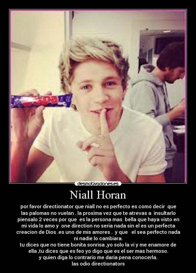 Niall Horan - por favor directionator que niall no es perfecto es como decir que
las palomas no vuelan . la proxima vez que te atrevas a insultarlo
piensalo 2 veces por que es la persona mas bella que haya visto en
mi vida lo amo y one direction no seria nada sin el es un perfecta
creacion de Dios .es uno de mis amores . y que el sea perfecto nada
ni nadie lo cambiara.
tu dices que no tiene bonita sonrisa ,yo solo la vi y me enamore de
ella ,tu dices que es feo yo digo que es el ser mas hermoso.
y quien diga lo contrario me daria pena conocerla.
las odio directionators