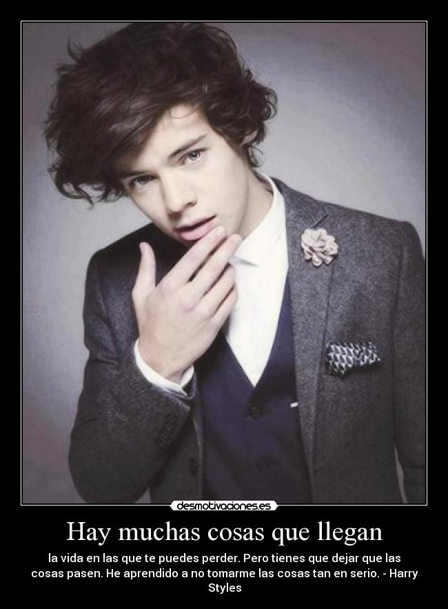 Hay muchas cosas que llegan - la vida en las que te puedes perder. Pero tienes que dejar que las
cosas pasen. He aprendido a no tomarme las cosas tan en serio. - Harry
Styles