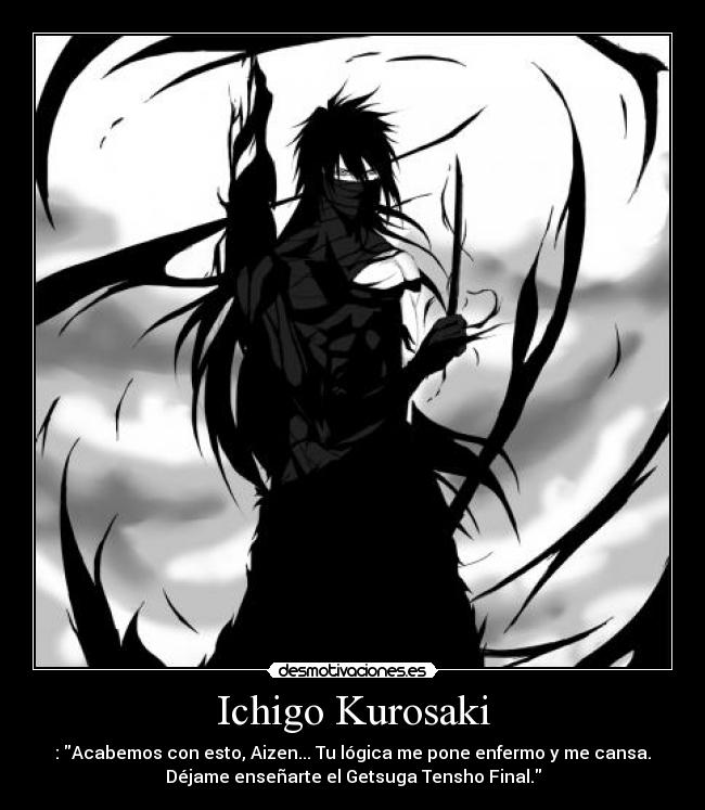 Ichigo Kurosaki - : Acabemos con esto, Aizen... Tu lógica me pone enfermo y me cansa.
Déjame enseñarte el Getsuga Tensho Final.