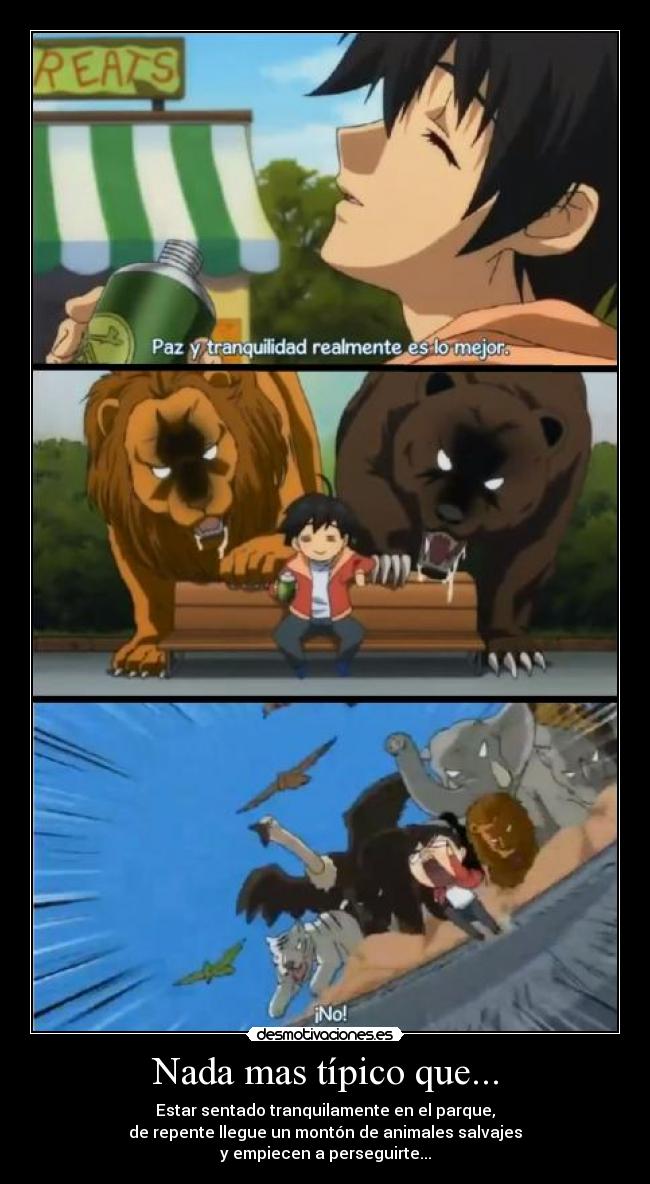 Nada mas típico que... - Estar sentado tranquilamente en el parque,
de repente llegue un montón de animales salvajes
y empiecen a perseguirte...