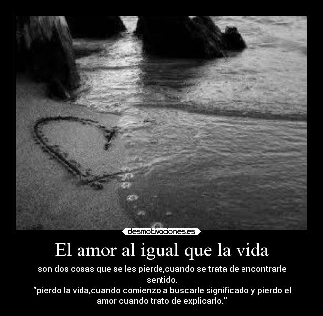 El amor al igual que la vida - son dos cosas que se les pierde,cuando se trata de encontrarle
sentido.
pierdo la vida,cuando comienzo a buscarle significado y pierdo el
amor cuando trato de explicarlo.