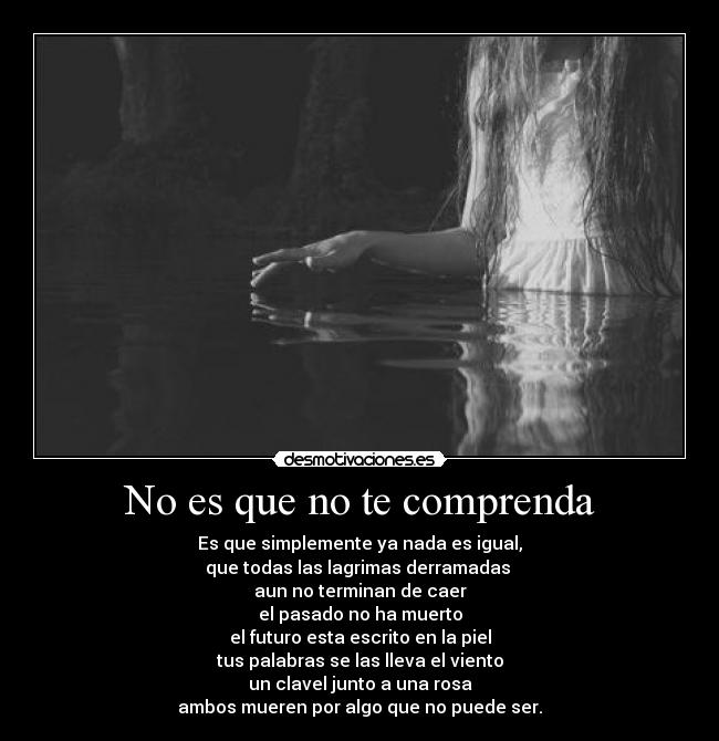No es que no te comprenda - Es que simplemente ya nada es igual,
que todas las lagrimas derramadas 
aun no terminan de caer
el pasado no ha muerto
el futuro esta escrito en la piel
tus palabras se las lleva el viento
un clavel junto a una rosa
ambos mueren por algo que no puede ser.
