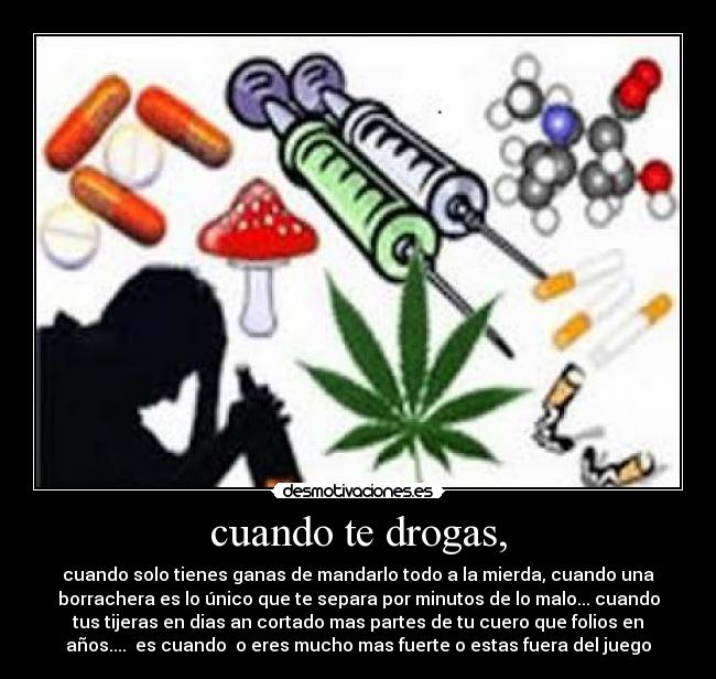 cuando te drogas, - cuando solo tienes ganas de mandarlo todo a la mierda, cuando una
borrachera es lo único que te separa por minutos de lo malo... cuando
tus tijeras en dias an cortado mas partes de tu cuero que folios en
años.... es cuando o eres mucho mas fuerte o estas fuera del juego