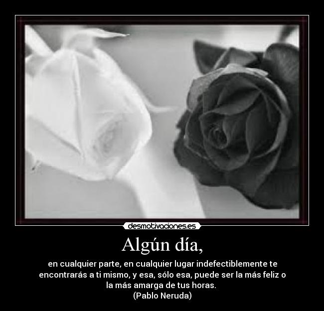 Algún día, - en cualquier parte, en cualquier lugar indefectiblemente te
encontrarás a ti mismo, y esa, sólo esa, puede ser la más feliz o
la más amarga de tus horas.
(Pablo Neruda)