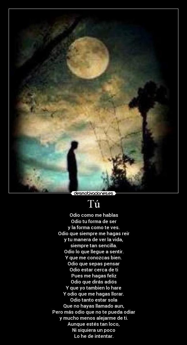 Tú - Odio como me hablas
Odio tu forma de ser
y la forma como te ves.
Odio que siempre me hagas reir
y tu manera de ver la vida,
siempre tan sencilla.
Odio lo que llegue a sentir.
Y que me conozcas bien.
Odio que sepas pensar
Odio estar cerca de ti
Pues me hagas feliz
Odio que dirás adiós
Y que yo tambien lo hare
Y odio que me hagas llorar.
Odio tanto estar sola
Que no hayas llamado aun,
Pero más odio que no te pueda odiar
y mucho menos alejarme de ti.
Aunque estés tan loco,
Ni siquiera un poco
Lo he de intentar.