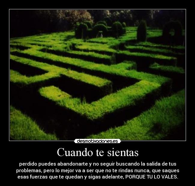 Cuando te sientas - perdido puedes abandonarte y no seguir buscando la salida de tus
problemas, pero lo mejor va a ser que no te rindas nunca, que saques
esas fuerzas que te quedan y sigas adelante, PORQUE TU LO VALES.