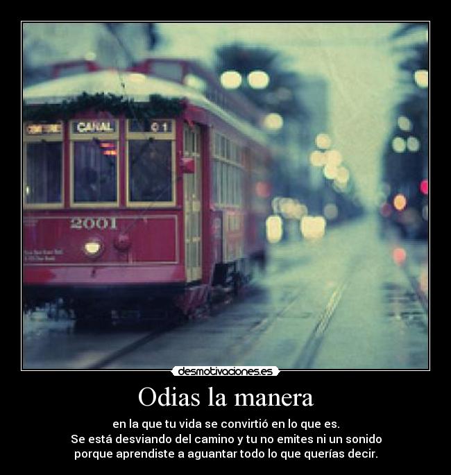 Odias la manera - en la que tu vida se convirtió en lo que es.
Se está desviando del camino y tu no emites ni un sonido
porque aprendiste a aguantar todo lo que querías decir.