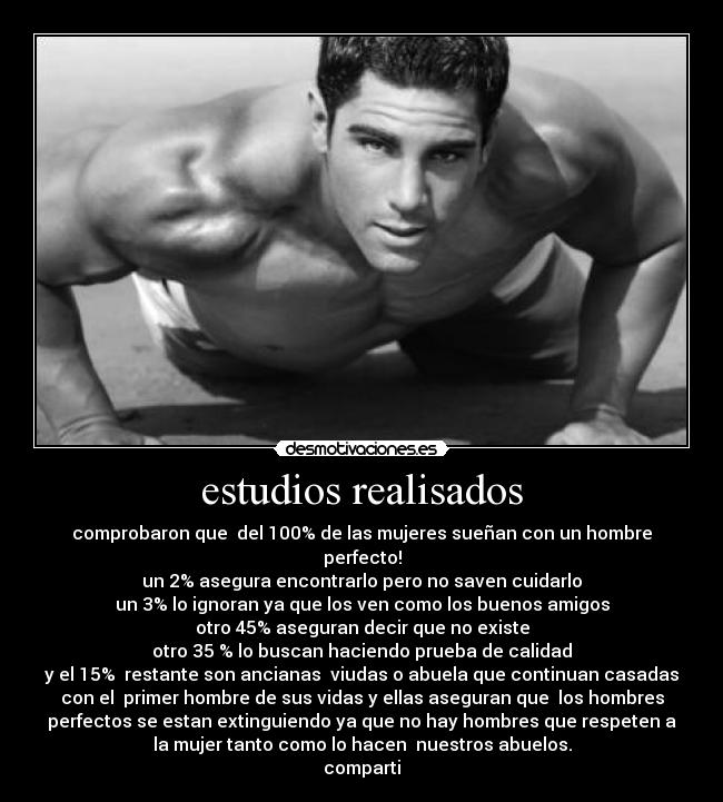 estudios realisados - comprobaron que  del 100% de las mujeres sueñan con un hombre
perfecto!
un 2% asegura encontrarlo pero no saven cuidarlo
un 3% lo ignoran ya que los ven como los buenos amigos
otro 45% aseguran decir que no existe
otro 35 % lo buscan haciendo prueba de calidad
y el 15%  restante son ancianas  viudas o abuela que continuan casadas
con el  primer hombre de sus vidas y ellas aseguran que  los hombres
perfectos se estan extinguiendo ya que no hay hombres que respeten a
la mujer tanto como lo hacen  nuestros abuelos.
comparti