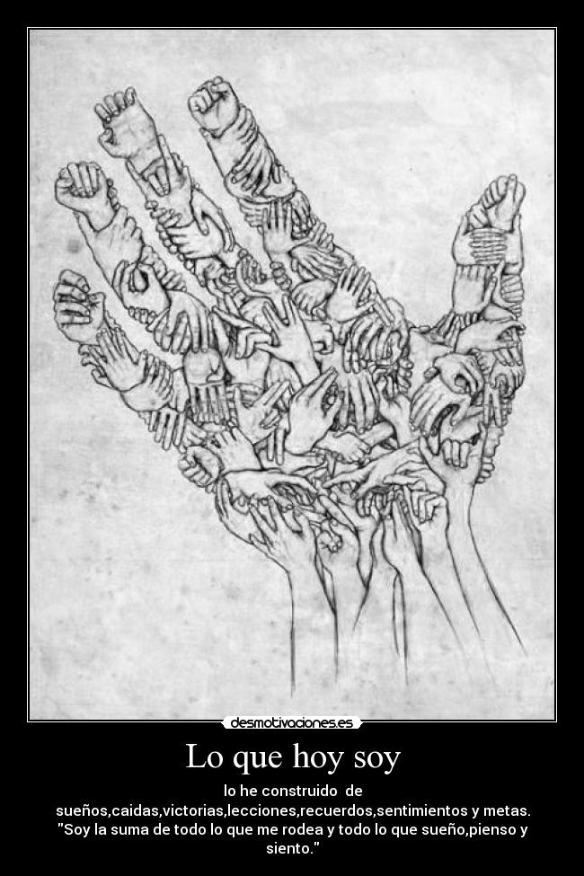 Lo que hoy soy - lo he construido  de
sueños,caidas,victorias,lecciones,recuerdos,sentimientos y metas.
Soy la suma de todo lo que me rodea y todo lo que sueño,pienso y
siento.