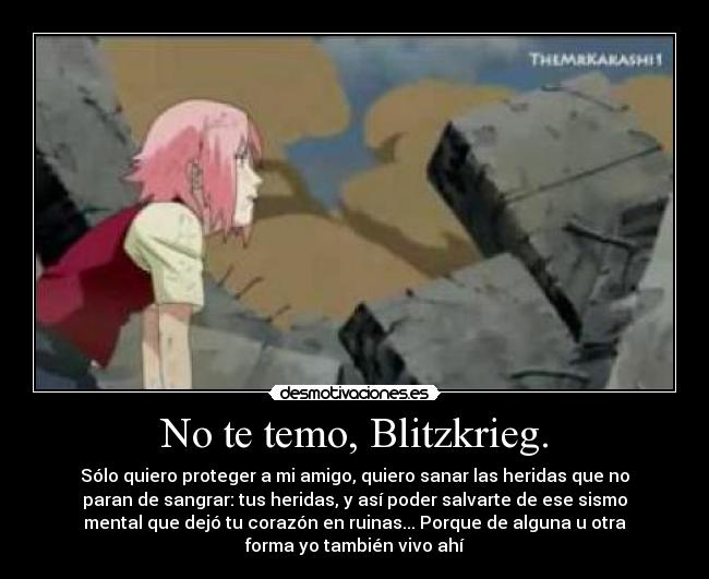 No te temo, Blitzkrieg. - Sólo quiero proteger a mi amigo, quiero sanar las heridas que no
paran de sangrar: tus heridas, y así poder salvarte de ese sismo
mental que dejó tu corazón en ruinas... Porque de alguna u otra
forma yo también vivo ahí
