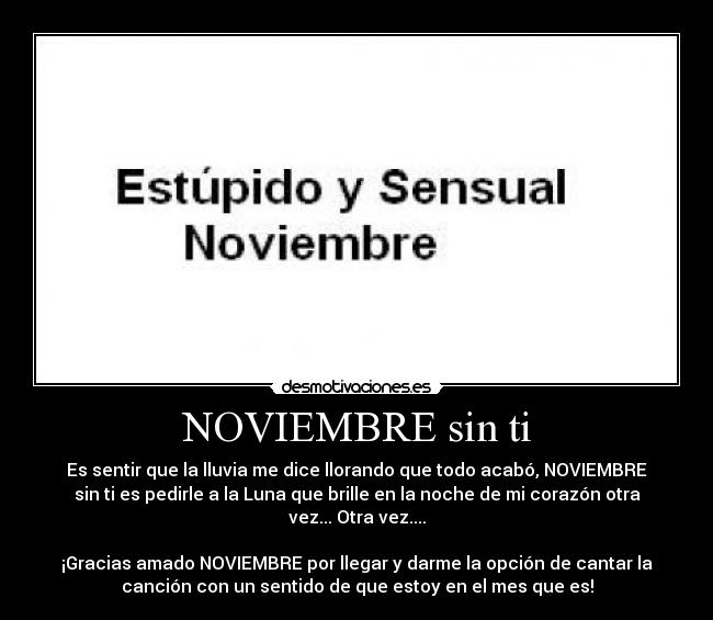 NOVIEMBRE sin ti - Es sentir que la lluvia me dice llorando que todo acabó, NOVIEMBRE
sin ti es pedirle a la Luna que brille en la noche de mi corazón otra
vez... Otra vez....

¡Gracias amado NOVIEMBRE por llegar y darme la opción de cantar la
canción con un sentido de que estoy en el mes que es!