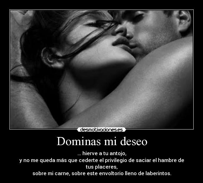 Dominas mi deseo - ... hierve a tu antojo,
y no me queda más que cederte el privilegio de saciar el hambre de tus placeres,
sobre mi carne, sobre este envoltorio lleno de laberintos.