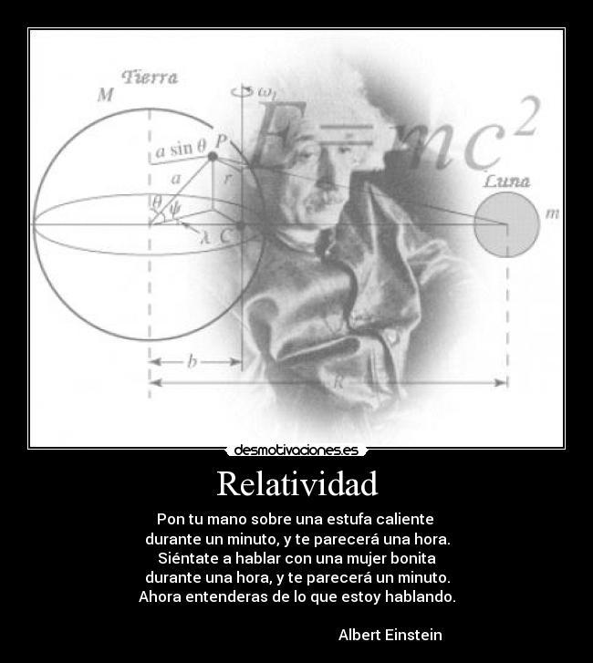 Relatividad - Pon tu mano sobre una estufa caliente 
durante un minuto, y te parecerá una hora.
Siéntate a hablar con una mujer bonita
durante una hora, y te parecerá un minuto.
Ahora entenderas de lo que estoy hablando.

                                                   Albert Einstein