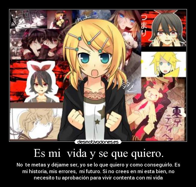 Es mi vida y se que quiero. - No te metas y déjame ser, yo se lo que quiero y como conseguirlo. Es
mi historia, mis errores, mi futuro. Si no crees en mi esta bien, no
necesito tu aprobación para vivir contenta con mi vida