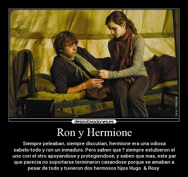 Ron y Hermione - Siempre peleaban, siempre discutian, hermione era una odiosa
sabelo-todo y ron un inmaduro. Pero saben que ? siempre estubieron el
uno con el otro apoyandose y protegiendose, y saben que mas, este par
que parecia no soportarse terminaron casandose porque se amaban a
pesar de todo y tuvieron dos hermosos hijos Hugo  & Rosy 