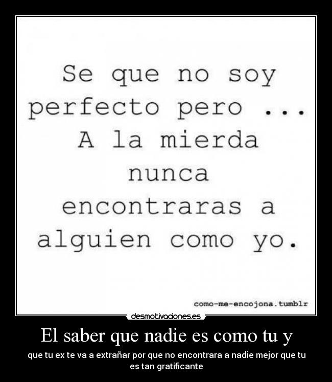 El saber que nadie es como tu y - que tu ex te va a extrañar por que no encontrara a nadie mejor que tu
es tan gratificante