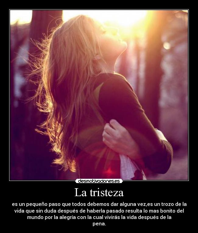 La tristeza - es un pequeño paso que todos debemos dar alguna vez,es un trozo de la
vida que sin duda después de haberla pasado resulta lo mas bonito del
mundo por la alegría con la cual vivirás la vida después de la
pena.