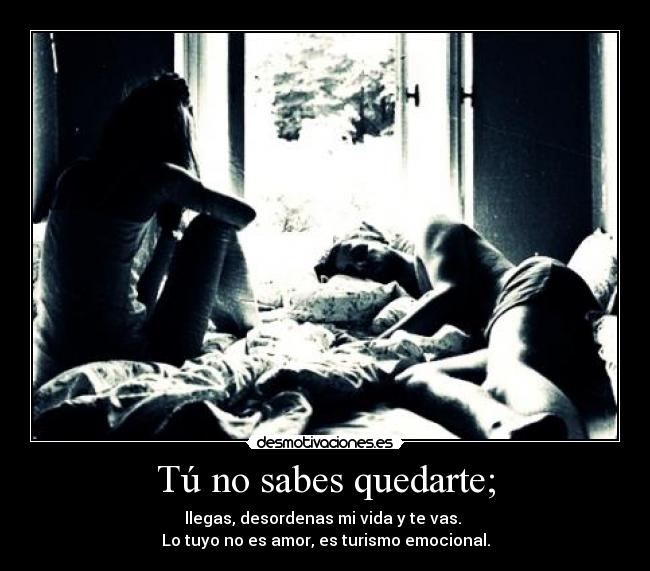 Tú no sabes quedarte; - llegas, desordenas mi vida y te vas.
Lo tuyo no es amor, es turismo emocional.