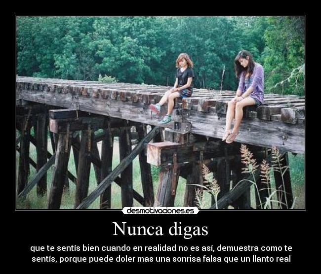 Nunca digas - que te sentís bien cuando en realidad no es así, demuestra como te
sentís, porque puede doler mas una sonrisa falsa que un llanto real