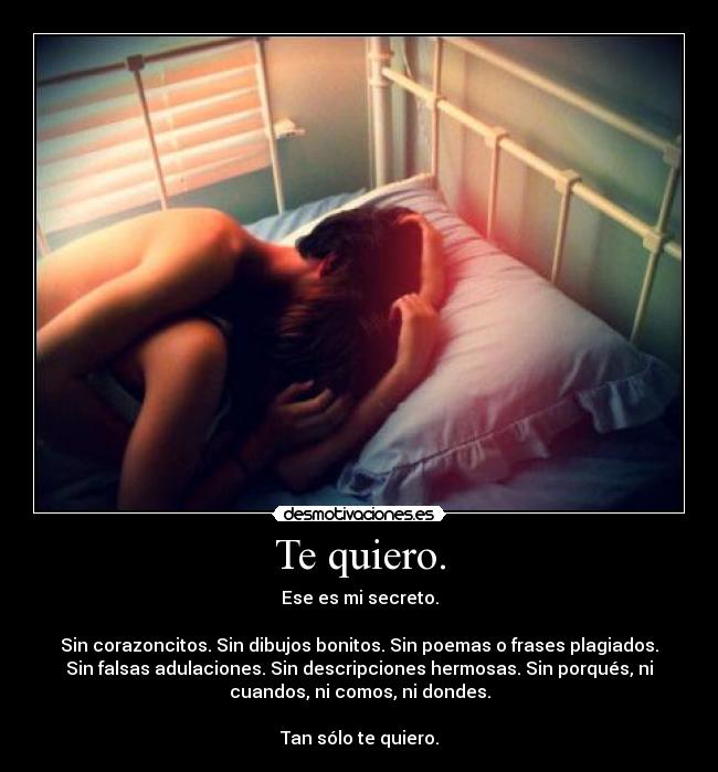 Te quiero. - Ese es mi secreto.
Sin corazoncitos. Sin dibujos bonitos. Sin poemas o frases plagiados.
Sin falsas adulaciones. Sin descripciones hermosas. Sin porqués, ni
cuandos, ni comos, ni dondes.
Tan sólo te quiero.