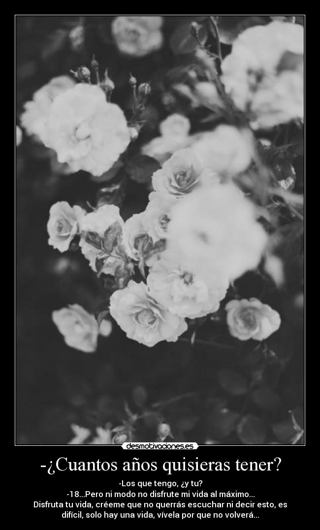 -¿Cuantos años quisieras tener? - -Los que tengo, ¿y tu?
-18...Pero ni modo no disfrute mi vida al máximo...
Disfruta tu vida, créeme que no querrás escuchar ni decir esto, es
difícil, solo hay una vida, vívela por que no volverá...