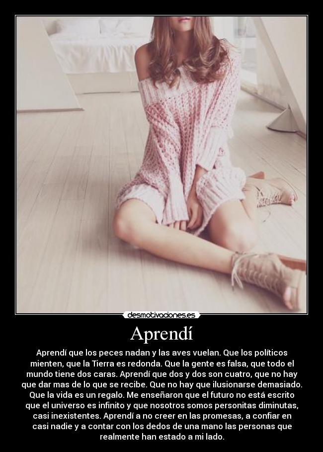 Aprendí - Aprendí que los peces nadan y las aves vuelan. Que los políticos
mienten, que la Tierra es redonda. Que la gente es falsa, que todo el
mundo tiene dos caras. Aprendí que dos y dos son cuatro, que no hay
que dar mas de lo que se recibe. Que no hay que ilusionarse demasiado.
Que la vida es un regalo. Me enseñaron que el futuro no está escrito
que el universo es infinito y que nosotros somos personitas diminutas,
casi inexistentes. Aprendí a no creer en las promesas, a confiar en
casi nadie y a contar con los dedos de una mano las personas que
realmente han estado a mi lado.