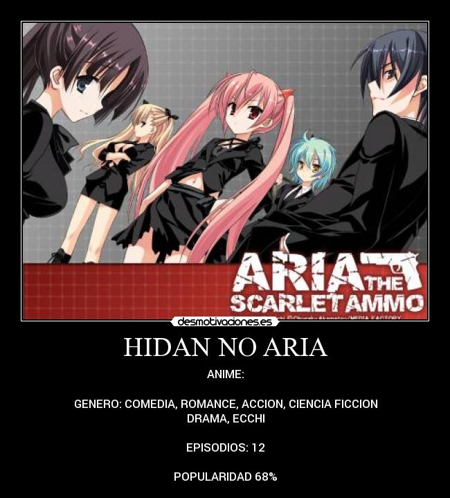 HIDAN NO ARIA - ANIME:
GENERO: COMEDIA, ROMANCE, ACCION, CIENCIA FICCION
DRAMA, ECCHI
EPISODIOS: 12
POPULARIDAD 68%