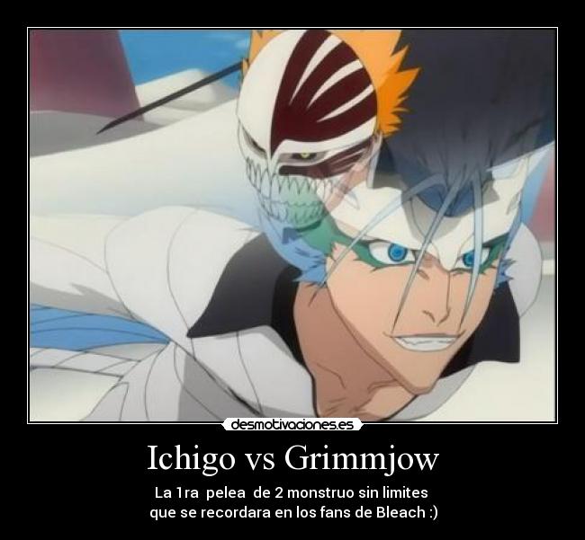 Ichigo vs Grimmjow - La 1ra pelea de 2 monstruo sin limites
que se recordara en los fans de Bleach :)