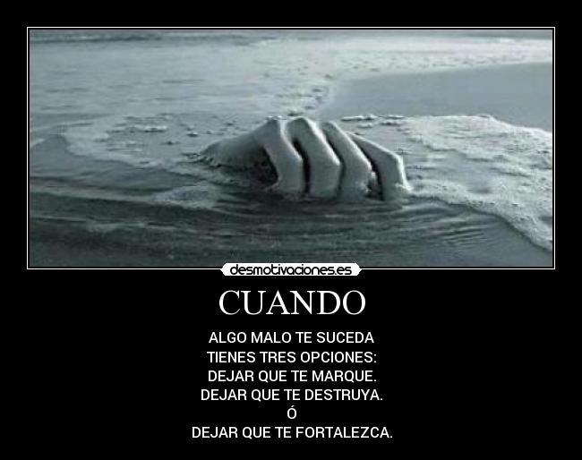 CUANDO - ALGO MALO TE SUCEDA
TIENES TRES OPCIONES:
DEJAR QUE TE MARQUE.
DEJAR QUE TE DESTRUYA.
Ó
DEJAR QUE TE FORTALEZCA.