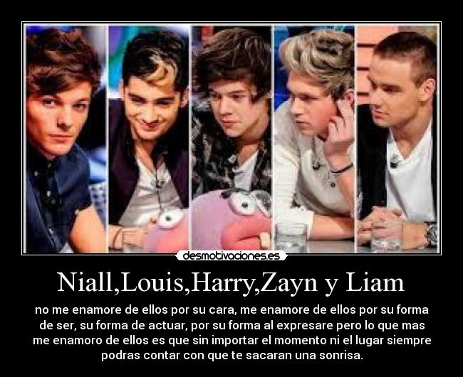 Niall,Louis,Harry,Zayn y Liam - no me enamore de ellos por su cara, me enamore de ellos por su forma
de ser, su forma de actuar, por su forma al expresare pero lo que mas
me enamoro de ellos es que sin importar el momento ni el lugar siempre
podras contar con que te sacaran una sonrisa.